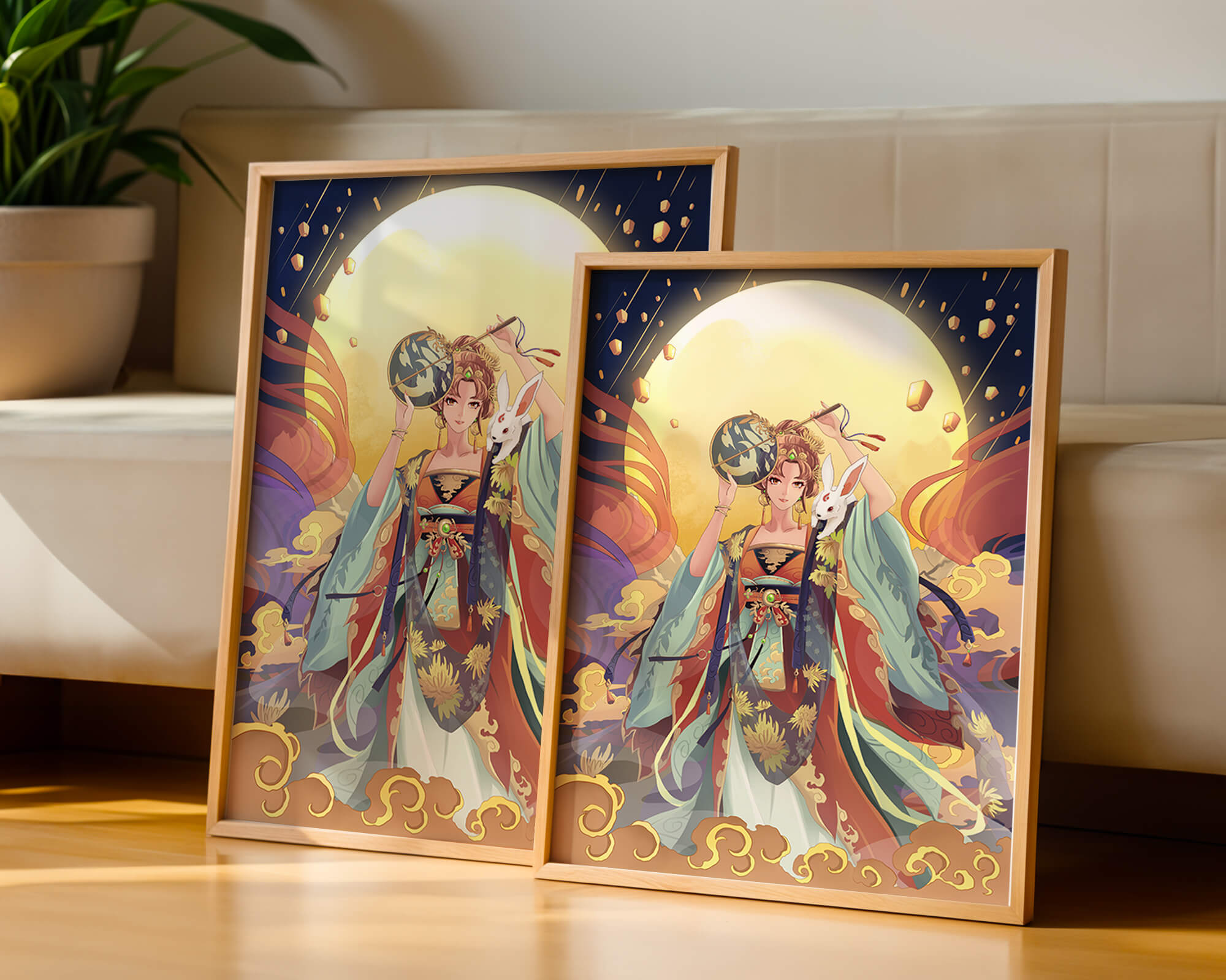 Elegant fantasy illustration with celestial elements and rabbit