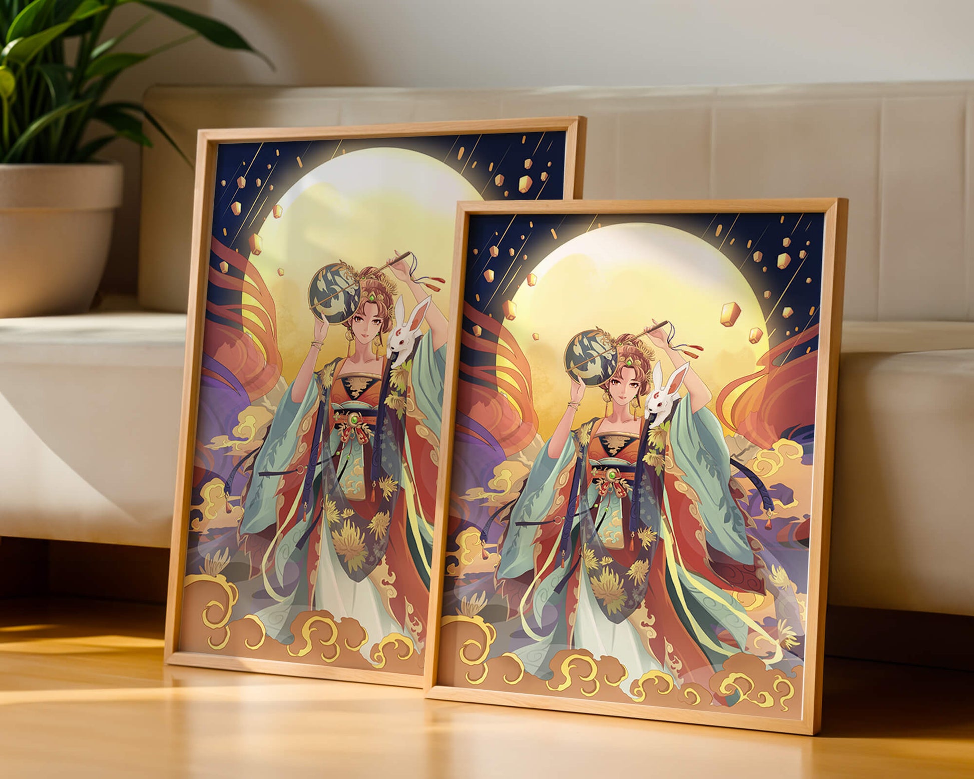 Elegant fantasy illustration with celestial elements and rabbit
