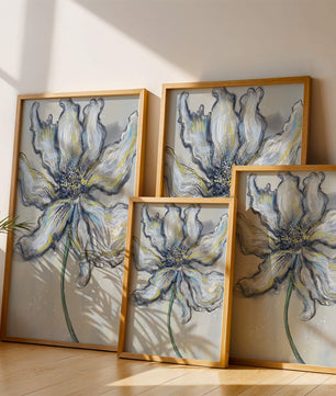 Elegant blue and green abstract floral artwork with flowing lines