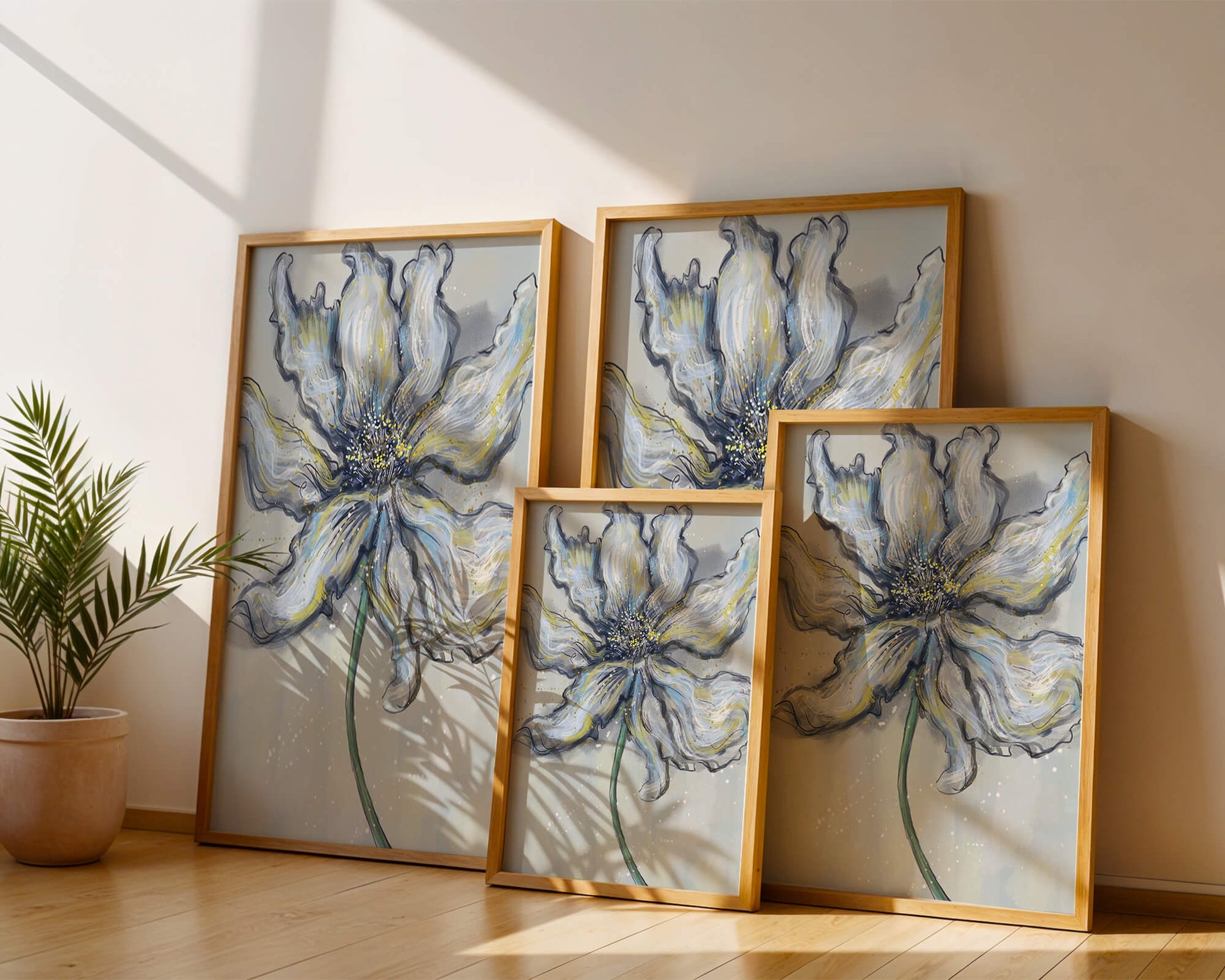 Elegant blue and green abstract floral artwork with flowing lines