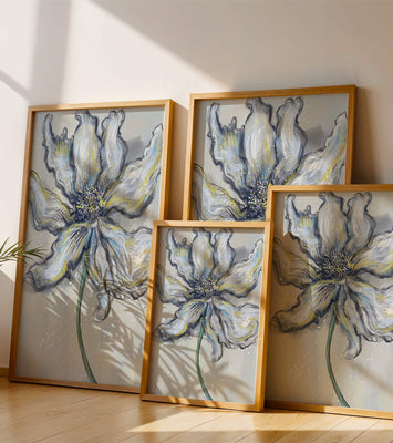 Elegant blue and green abstract floral artwork with flowing lines