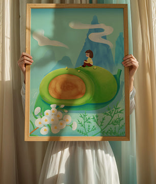 Serene Landscape with Child Sitting on Giant Leaf in Mountainous Fantasy Setting