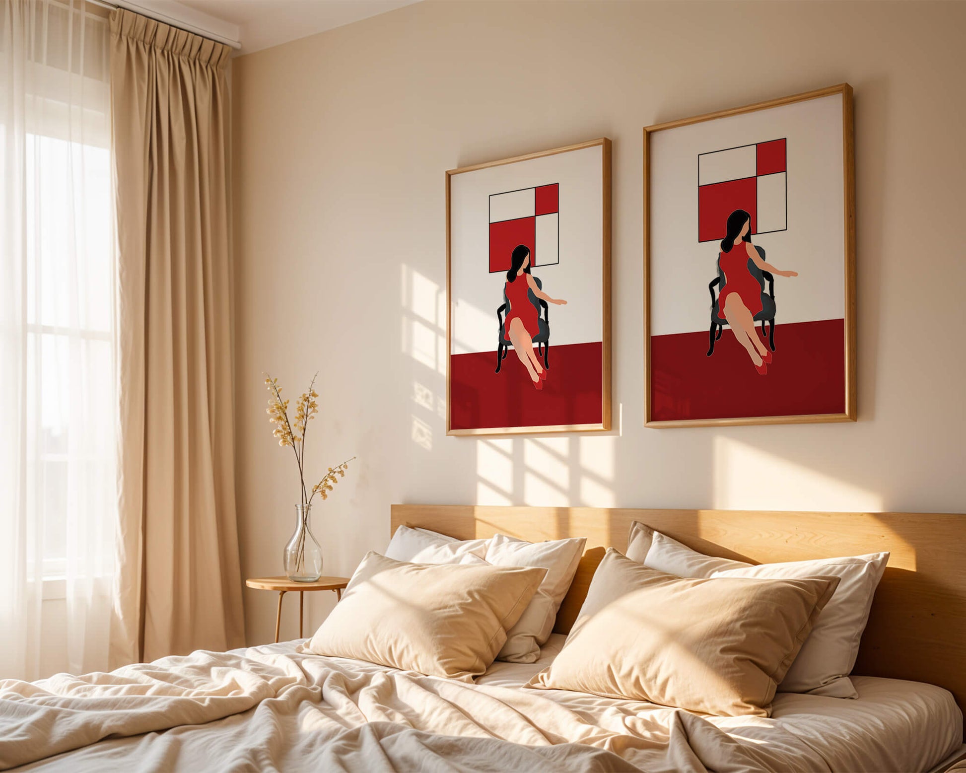Mujer abstracta en vestido rojo sentada en una silla con arte geométrico en la pared