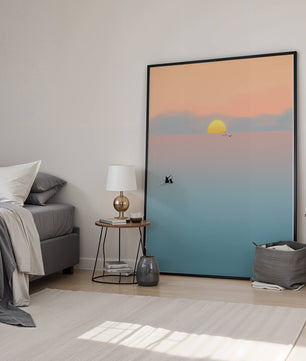 Serene Sunset with Silhouettes and Birds over a Calm Sea