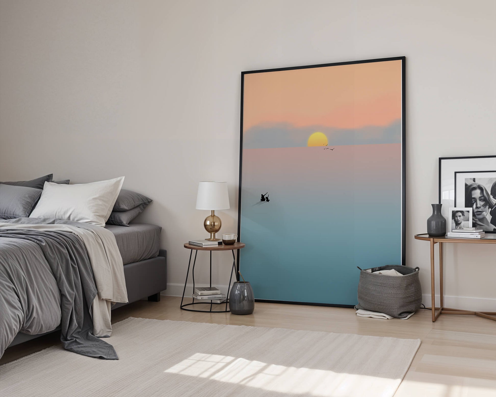 Serene Sunset with Silhouettes and Birds over a Calm Sea