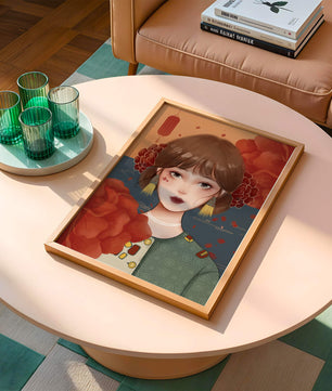 Digital art of a girl with floral and lantern elements