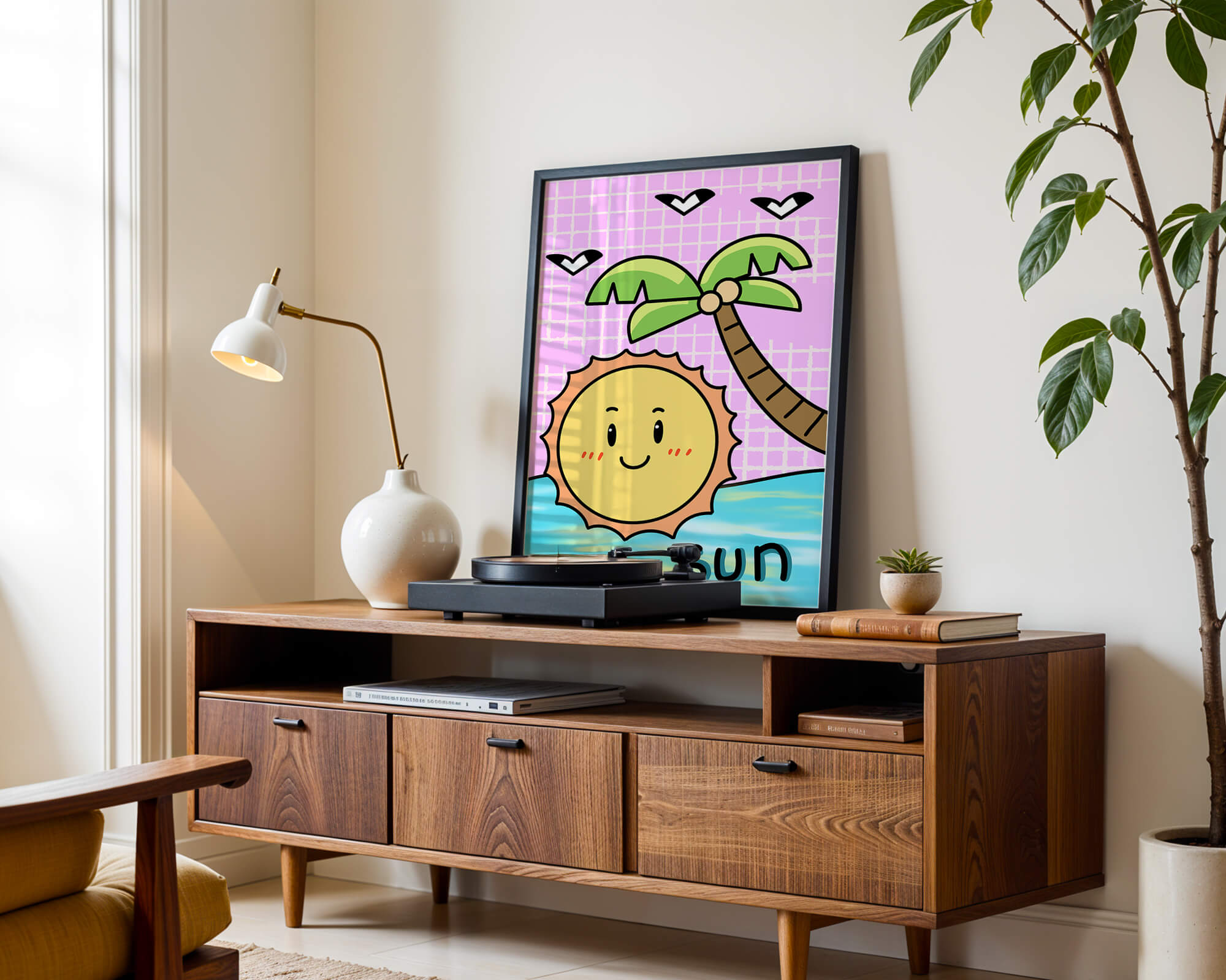 Cartoon sun with palm tree and ocean scene
