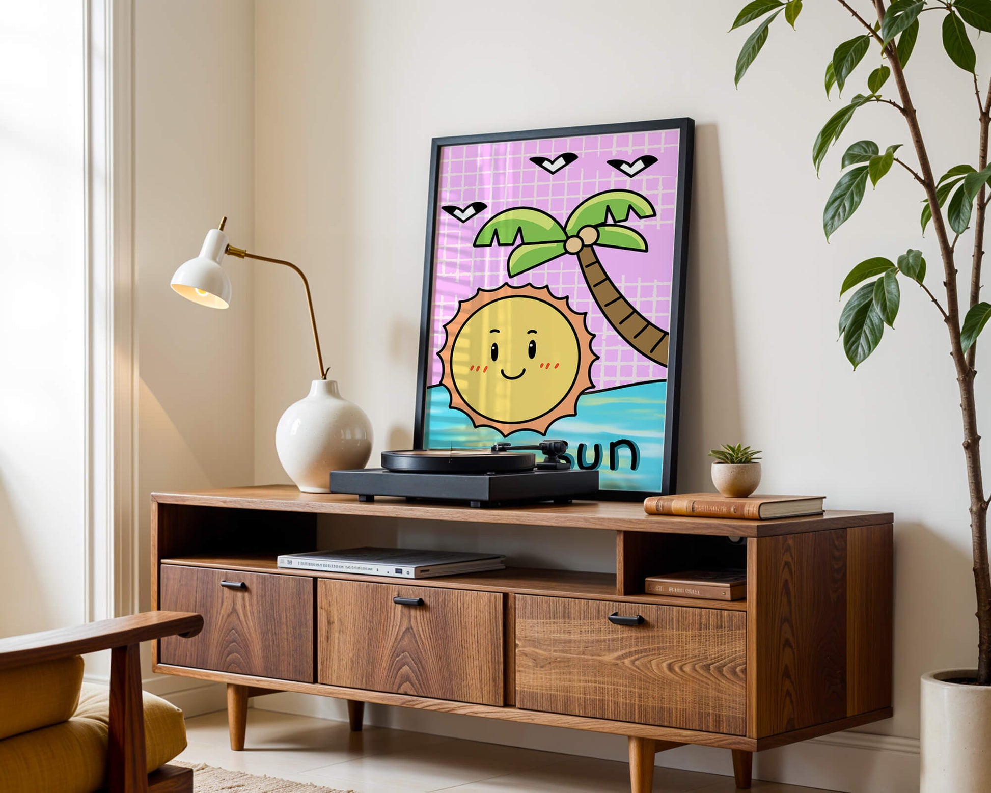 Cartoon sun with palm tree and ocean scene