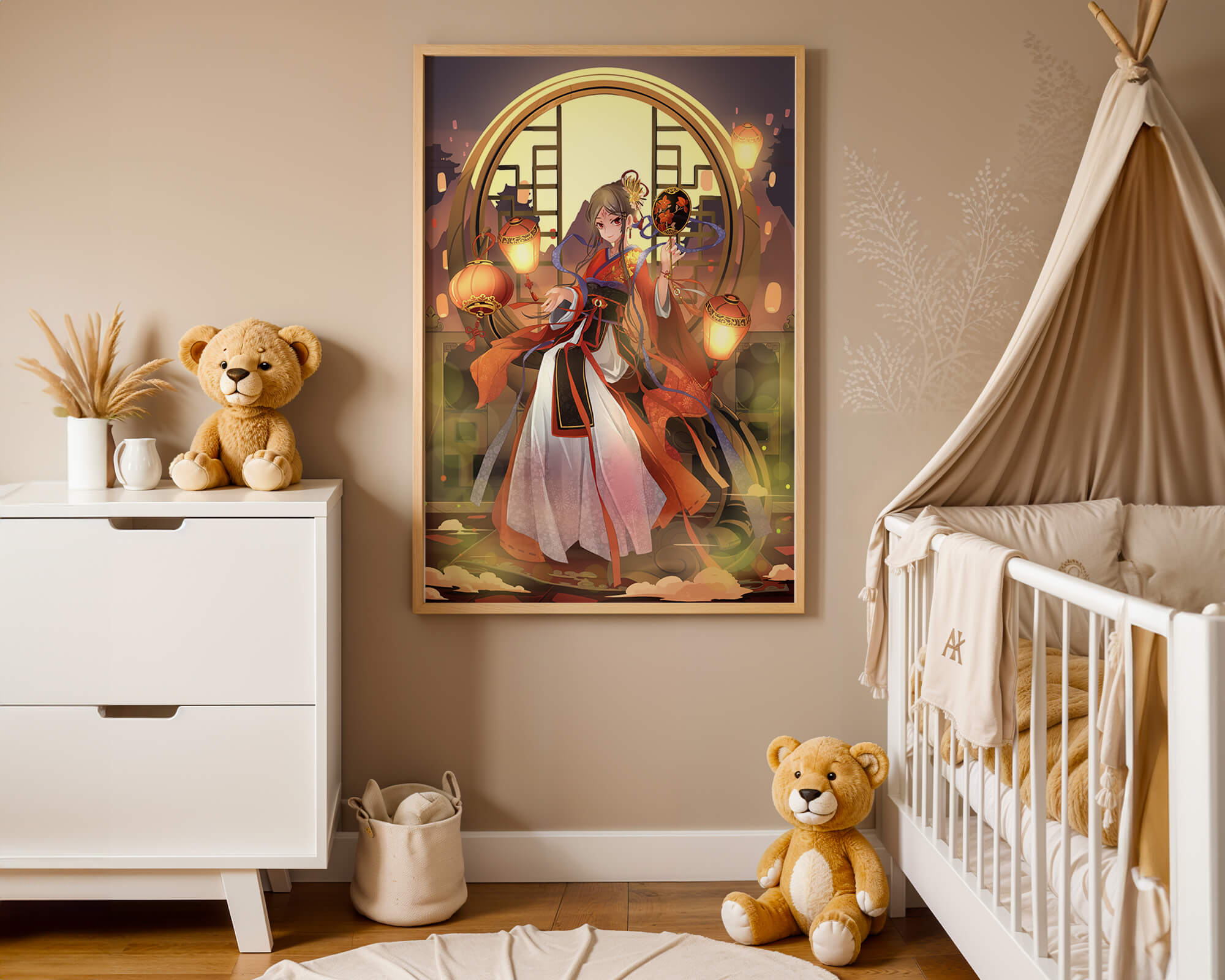 Elegant Asian-inspired fantasy artwork with lanterns
