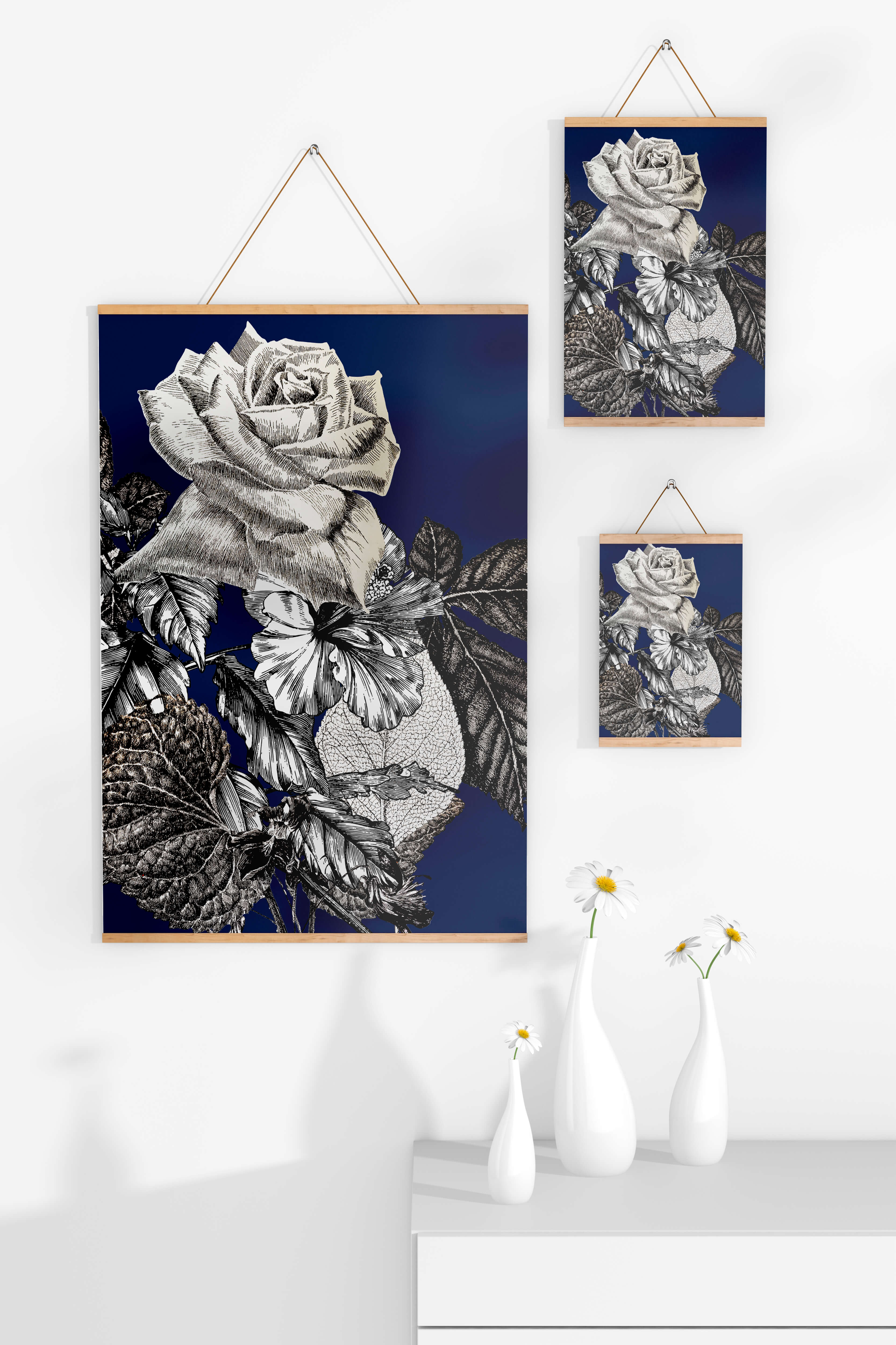 Intricate botanical illustration of roses and foliage on a deep blue background