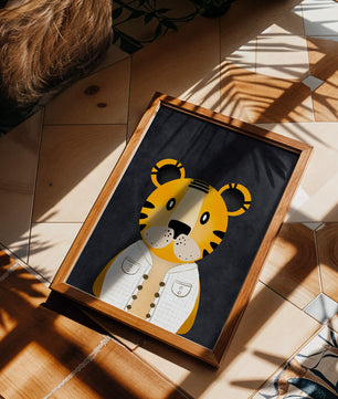 Illustration of cute cartoon tiger character in stylish outfit on dark background