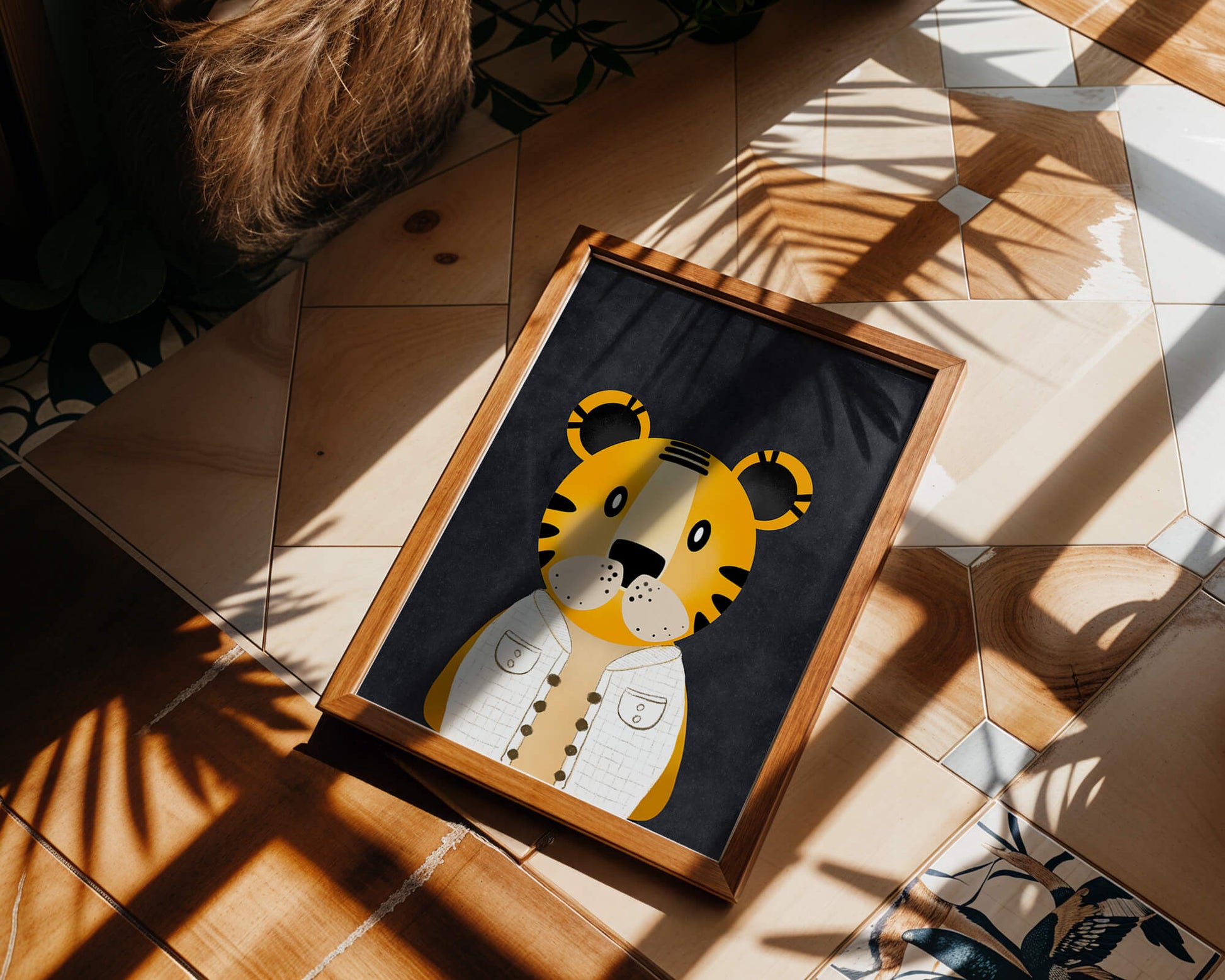 Illustration of cute cartoon tiger character in stylish outfit on dark background