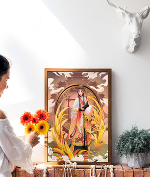Elegant woman in traditional attire amidst golden wheat field and oriental architecture