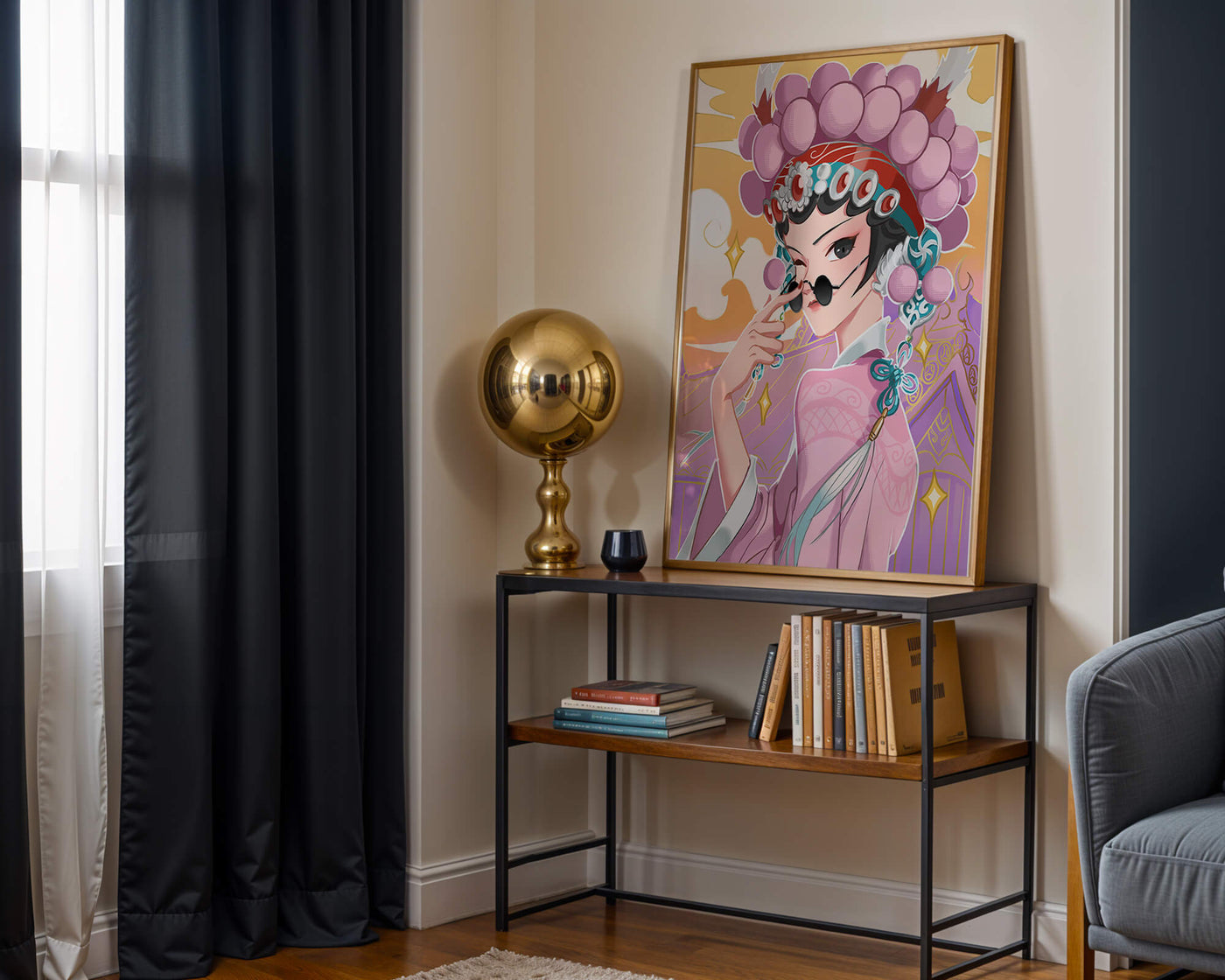 Elegant anime character in traditional attire with golden accents