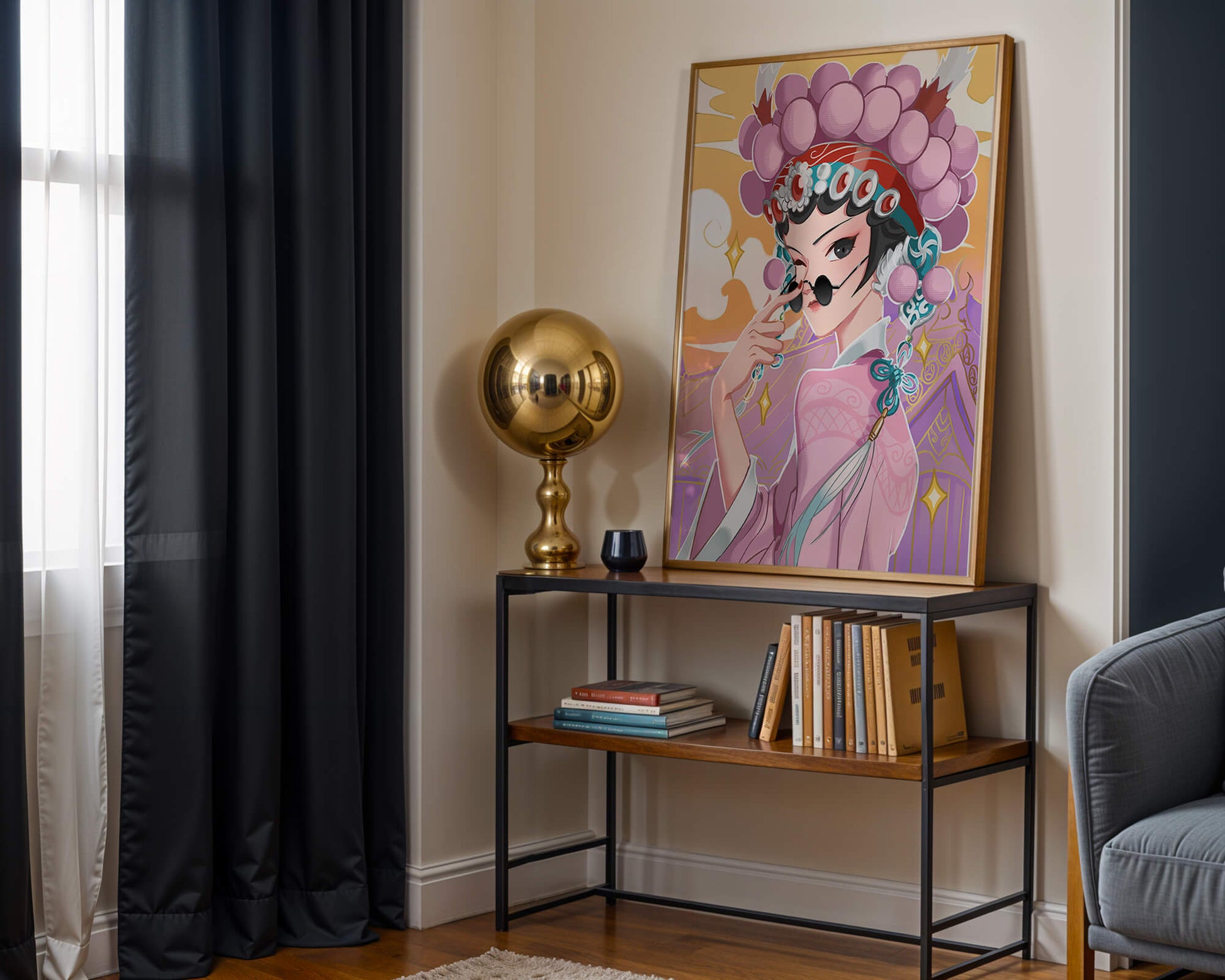 Elegant anime character in traditional attire with golden accents