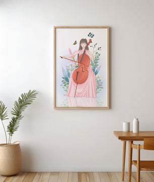 Girl Playing Cello Surrounded by Nature with Butterflies - Mi tienda