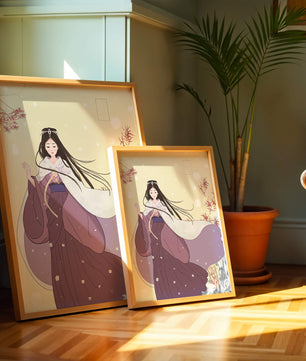 Elegant Woman in Traditional Garment with Snowflakes and Branches
