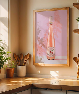 Illustrated wine bottle with a cherry label on pink background