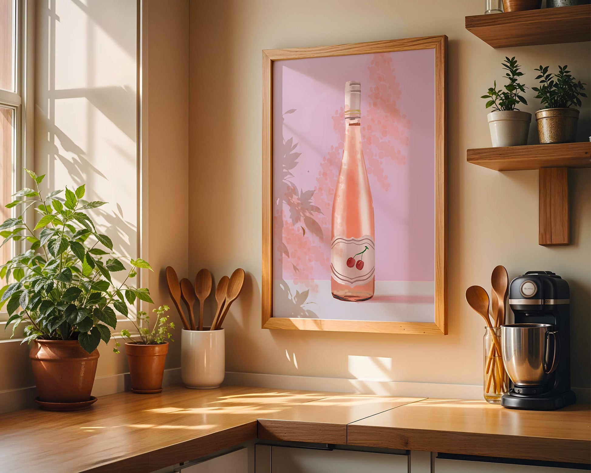 Illustrated wine bottle with a cherry label on pink background