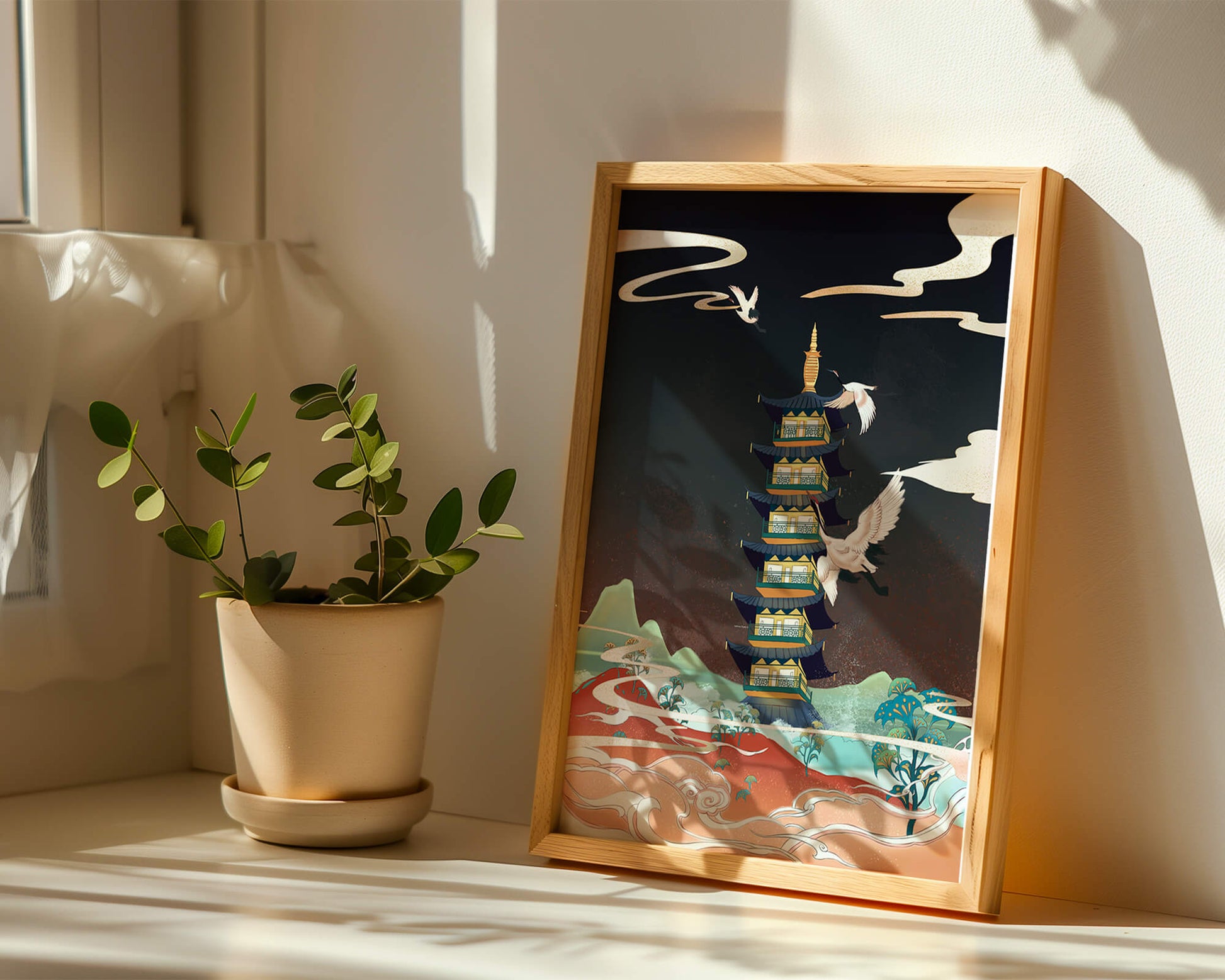 Illustrated scene of traditional pagoda with cranes in colorful landscape
