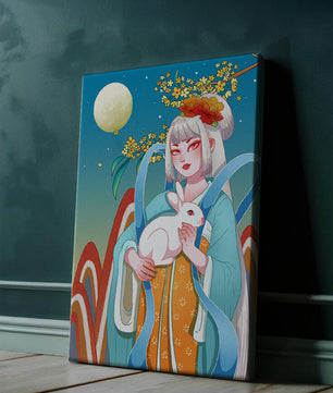 Femme élégante en tenue traditionnelle tenant un lapin blanc sous une pleine lune