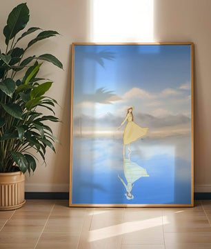 Woman in yellow dress standing on reflective water against clear sky