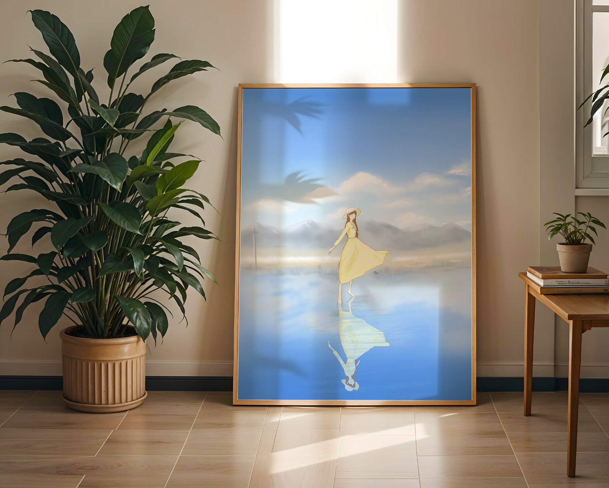 Woman in yellow dress standing on reflective water against clear sky