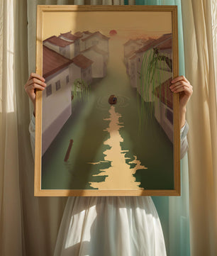 Escena de río tranquilo con arquitectura tradicional y atardecer