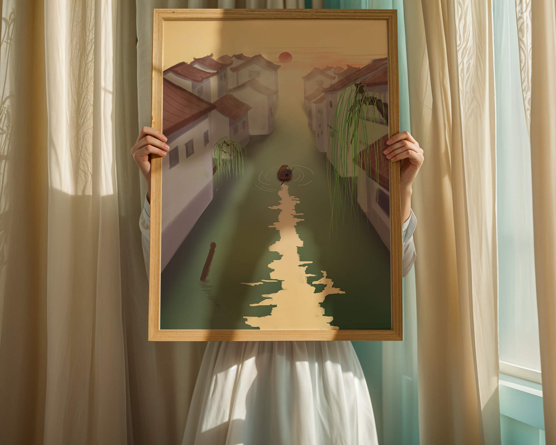 Tranquil river scene with traditional architecture and sunset