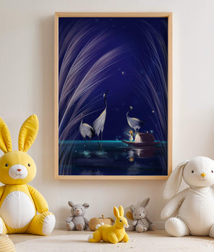 Serene night scene with graceful cranes and a magical boat ride