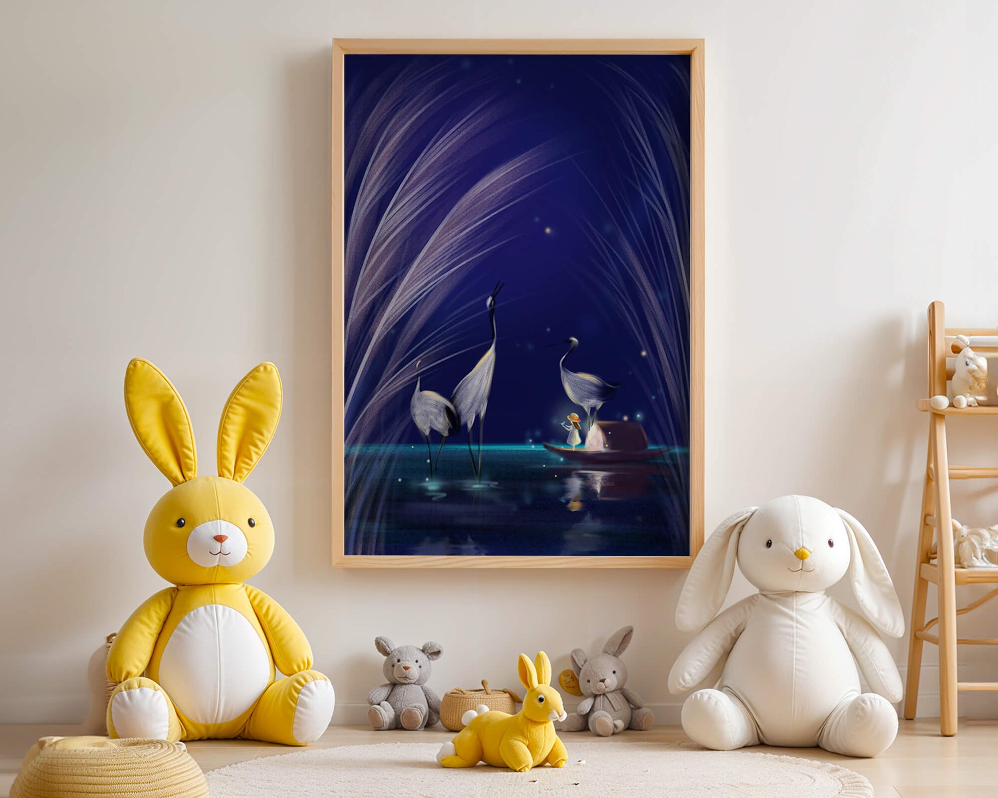 Serene night scene with graceful cranes and a magical boat ride