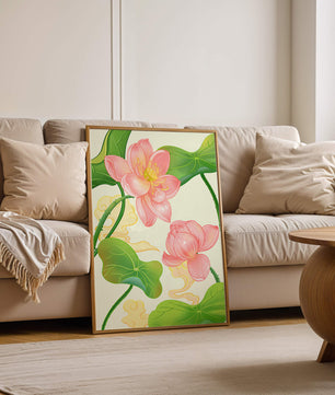 Illustration of pink lotus flowers with green leaves on a pastel background