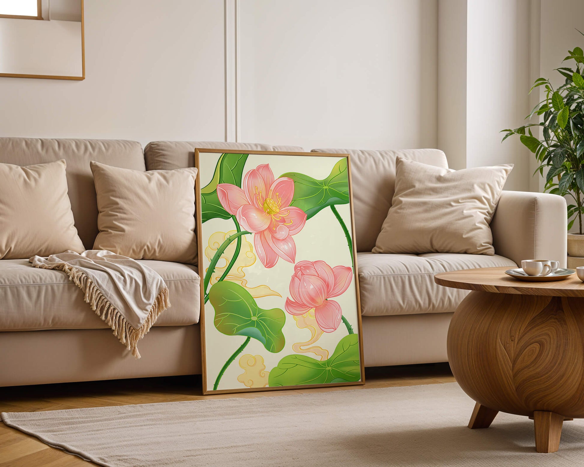 Illustration of pink lotus flowers with green leaves on a pastel background