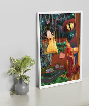 Jardín encantado con hada, serpiente y elementos misteriosos