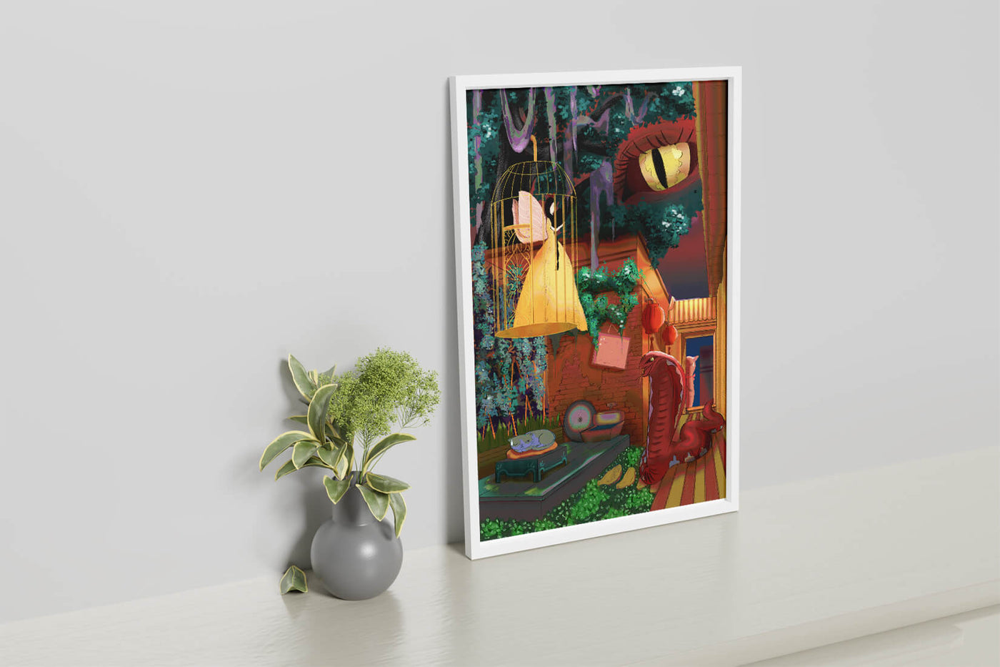 Enchanted garden with fairy, snake, and mysterious elements