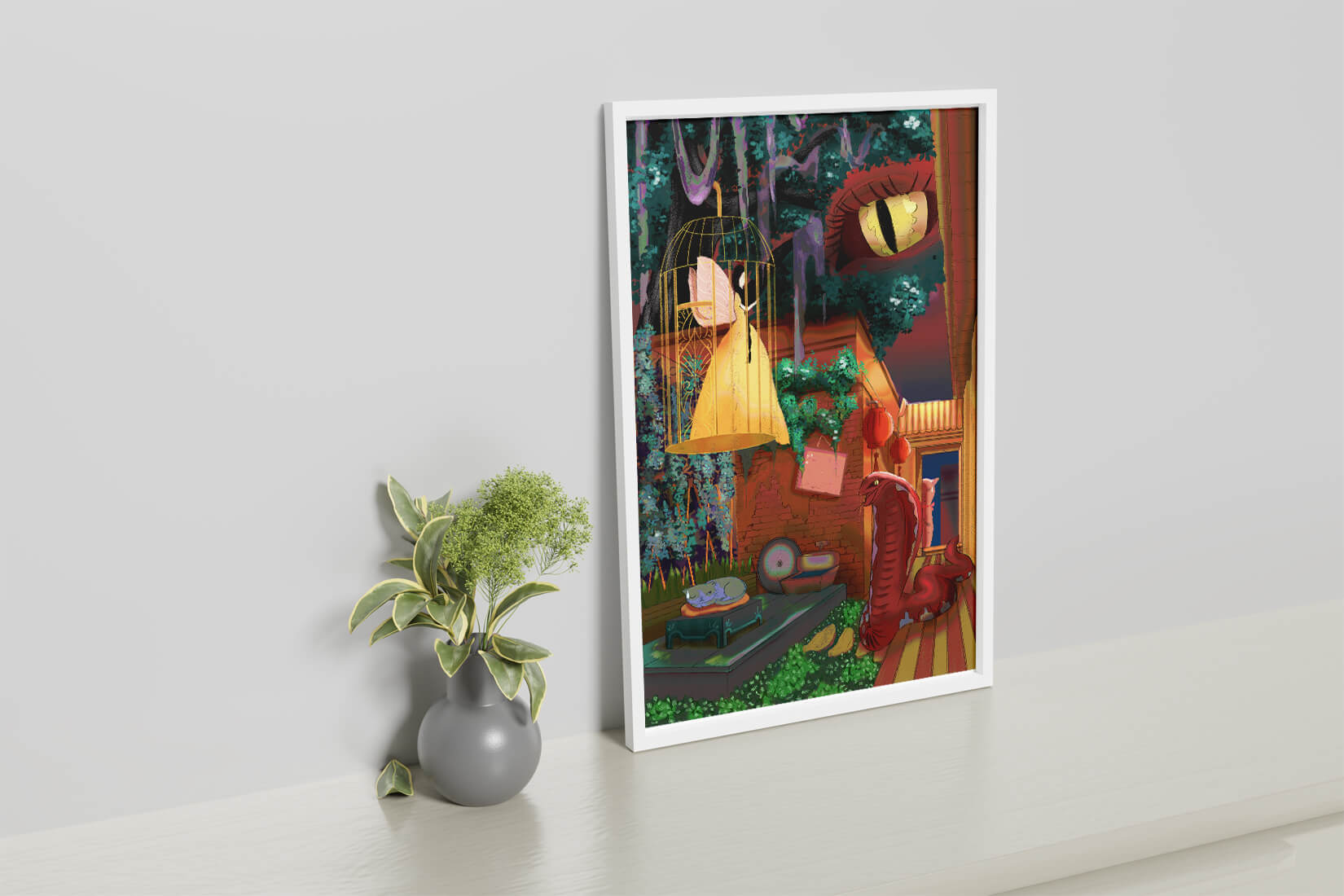 Enchanted garden with fairy, snake, and mysterious elements