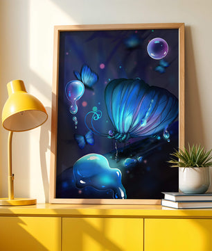 Illuminated Blue Butterflies with Glowing Bubbles in Enchanted Darkness