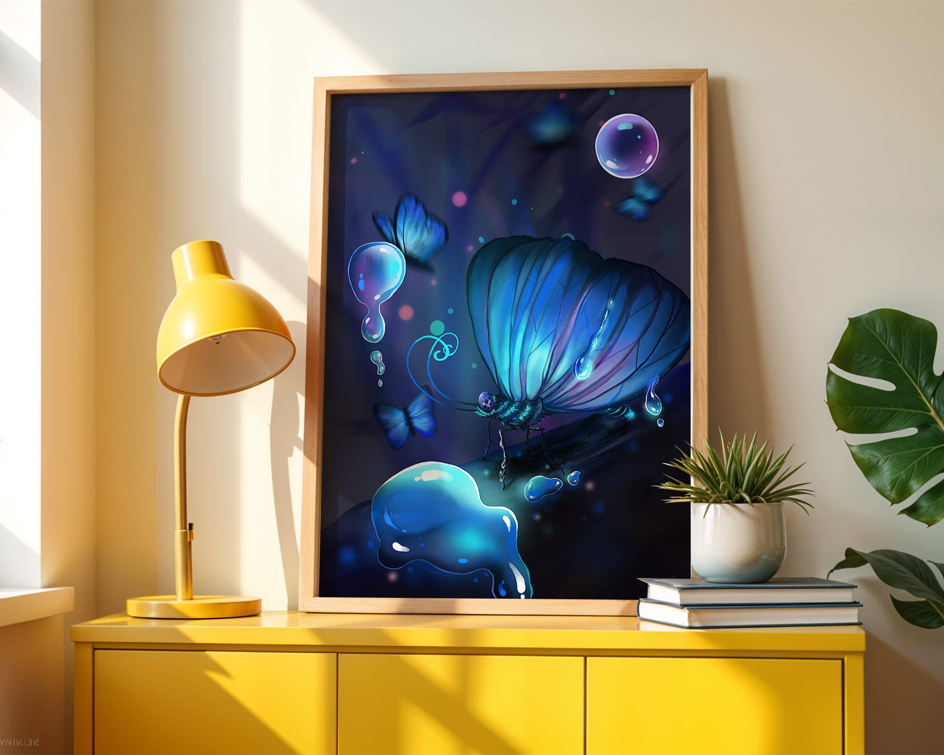 Illuminated Blue Butterflies with Glowing Bubbles in Enchanted Darkness