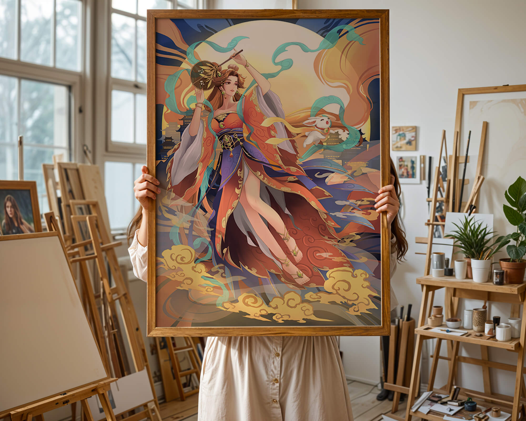 Elegant goddess with flowing robes against a mystical backdrop