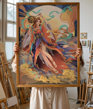 Elegant goddess with flowing robes against a mystical backdrop