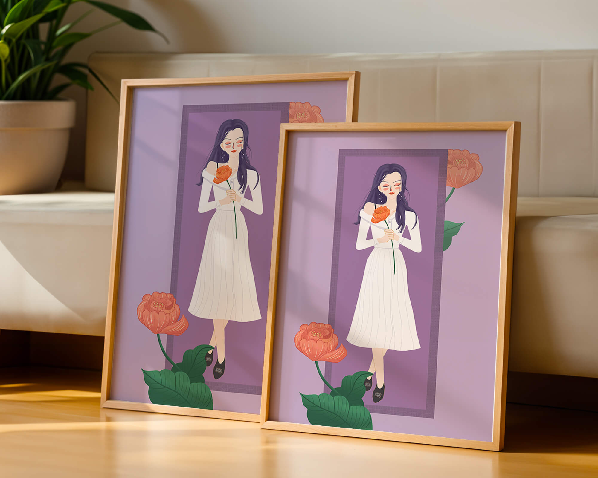 Illustration of a woman holding a flower in a serene pose