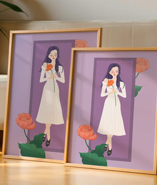 Illustration of a woman holding a flower in a serene pose