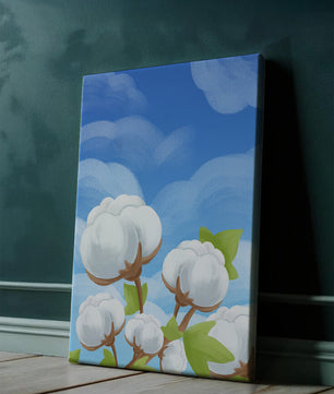 Künstlerische Illustration von Baumwollpflanzen vor einem klaren blauen Himmel
