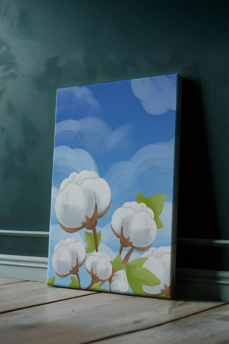 Künstlerische Illustration von Baumwollpflanzen vor einem klaren blauen Himmel