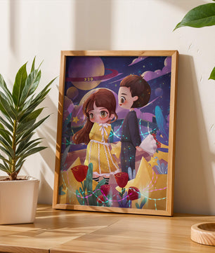 Ilustración de pareja romántica con estrellas y rosas en un entorno nocturno mágico