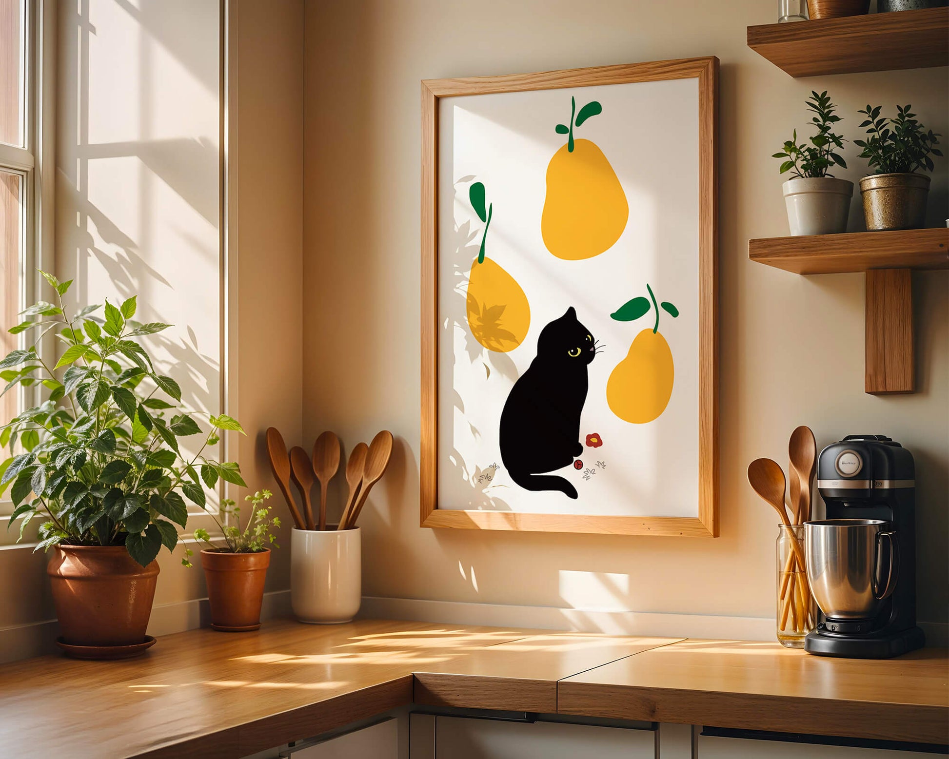 Ilustración de gato negro con peras amarillas y hojas verdes