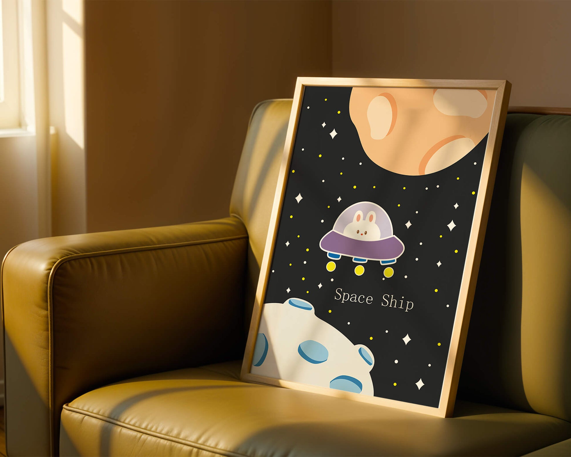 Cute bunny in spaceship with planets and stars in space illustration