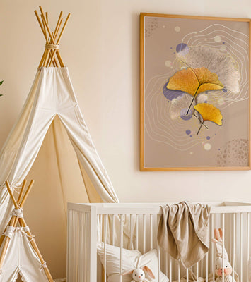 Elegant ginkgo leaves with abstract wavy and circular elements