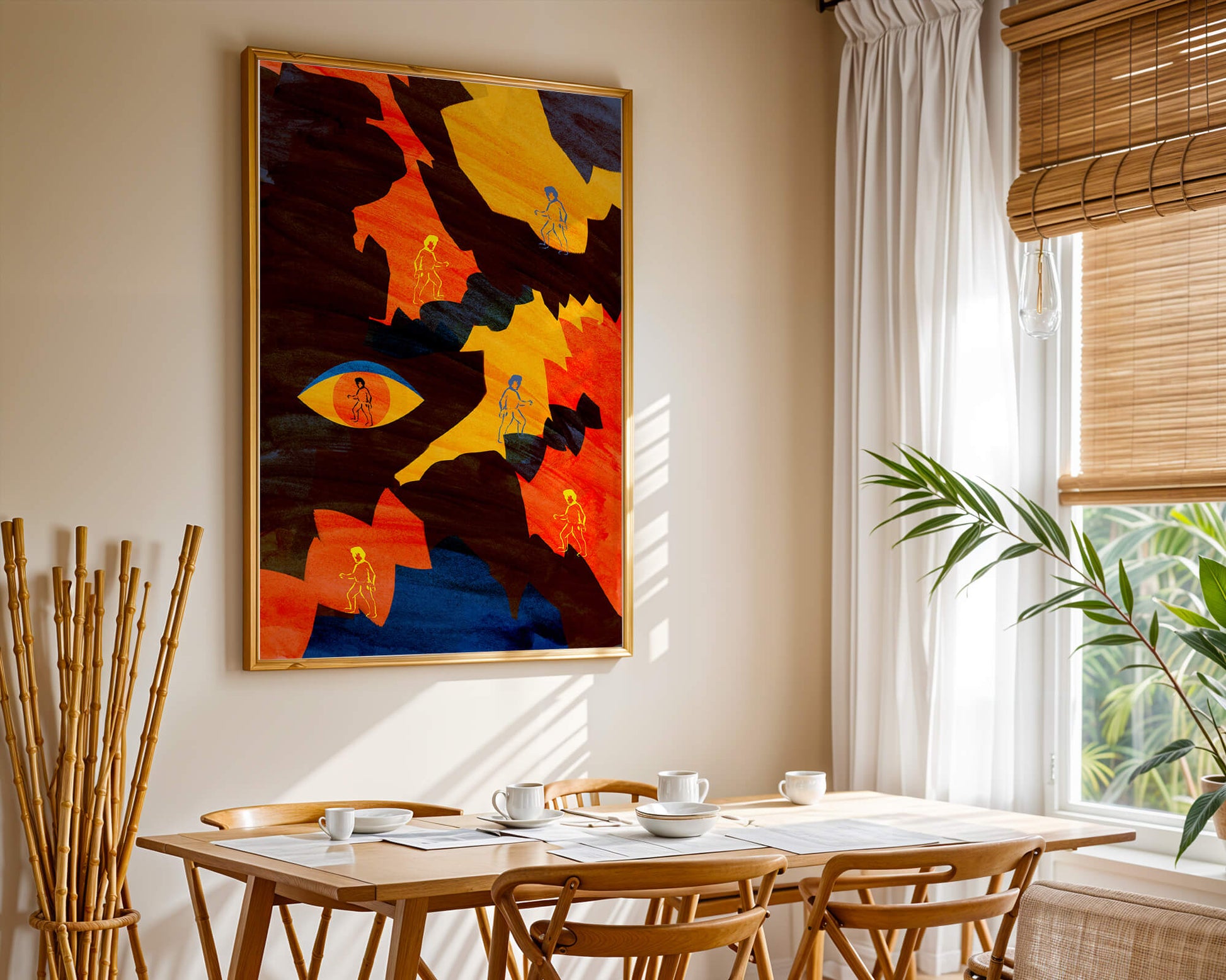 Abstract colorful artwork with eye and silhouettes