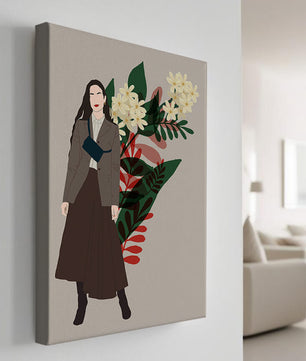 Elegant woman illustration with floral background in earthy tones